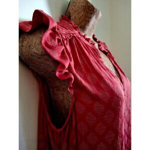 Maeve For Anthropologie Sleeveless Red Textured V-Neck Blouse With Ruffle Sleeve